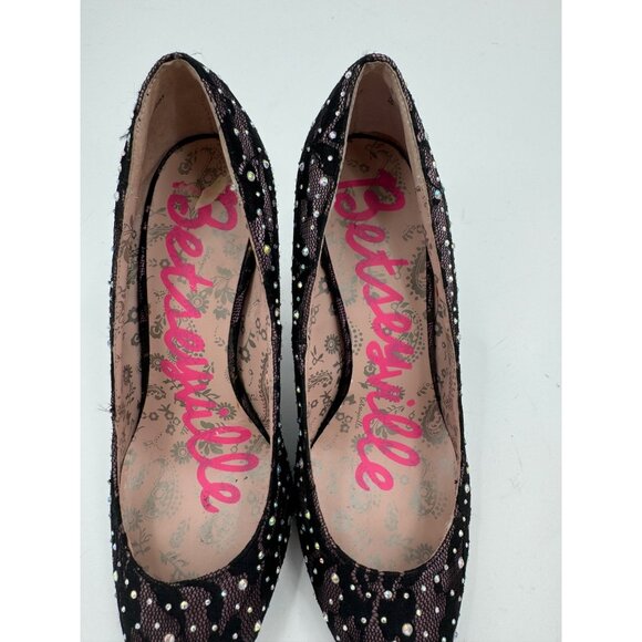 Betseyville by Betsey Johnson Black Lace & Rhinestone High Heel Pumps Size 7 - Picture 11 of 12